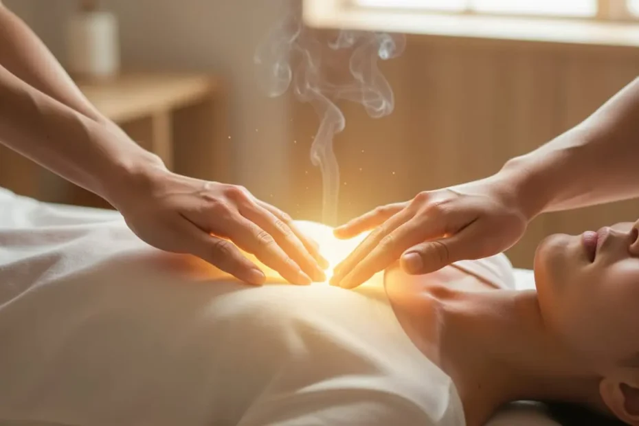 Primer plano de una sesión de Reiki Usui con las manos del terapeuta flotando sobre el chakra del tercer ojo del paciente, emitiendo una luz dorada y cálida.