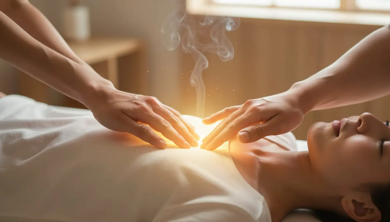 Primer plano de una sesión de Armonización de Chakras con Reiki con las manos del terapeuta flotando sobre el chakra del del paciente, emitiendo una luz dorada y cálida.