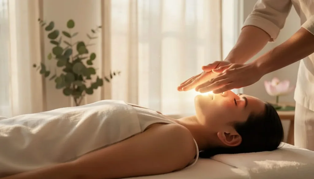 Sesión de Reiki Usui profesional con terapeuta aplicando sanación energética sobre el chakra del tercer ojo en un ambiente zen y relajado