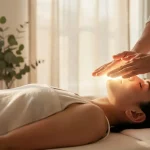 Sesión de Reiki Usui profesional con terapeuta aplicando sanación energética sobre el chakra del tercer ojo en un ambiente zen y relajado