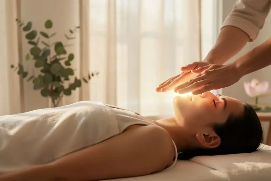 Sesión de Reiki Usui profesional con terapeuta aplicando sanación energética sobre el chakra del tercer ojo en un ambiente zen y relajado