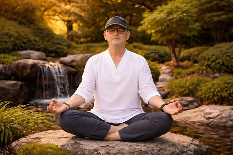 Max meditando en jardín japonés.