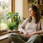 Una mujer serena con los ojos cerrados medita en un rincón acogedor de su hogar, sentada en una silla de madera junto a un ventanal lleno de plantas de interior soleadas. Sus manos están suavemente apoyadas en su regazo. La atmósfera pacífica y su pose contemplativa evocan la curación emocional y la búsqueda de paz interior, lo que la convierte en una representación ideal para explorar el Reiki para la Depresión.