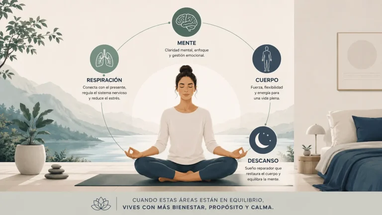Persona meditando en un entorno sereno que representa la conexión entre mente, cuerpo, respiración y descanso. Ilustración editorial sobre los beneficios de la meditación para reducir el estrés, mejorar la claridad mental, aumentar el bienestar físico y favorecer un sueño reparador.