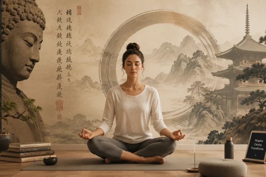 Ilustración editorial que representa dónde nació la meditación, fusionando antiguas tradiciones orientales con una práctica contemporánea. Una persona medita rodeada de elementos inspirados en culturas de Asia, simbolizando los orígenes históricos de la meditación y su vigencia en la actualidad.