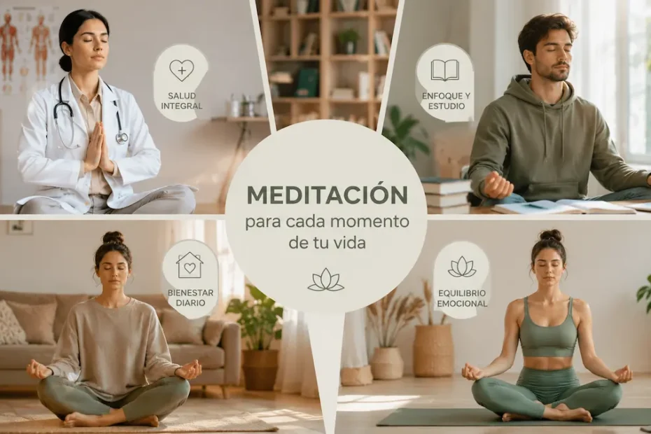 para qué se utiliza hoy la meditación: personas usando meditacion en contextos de salud, estudio y bienestar cotidiano