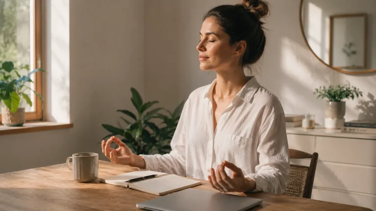 Persona realizando una pausa de meditación durante su rutina diaria, sentada junto a un cuaderno y una taza de café en un espacio iluminado por luz natural. Ambiente sereno, realista y equilibrado que transmite bienestar, concentración y mindfulness.