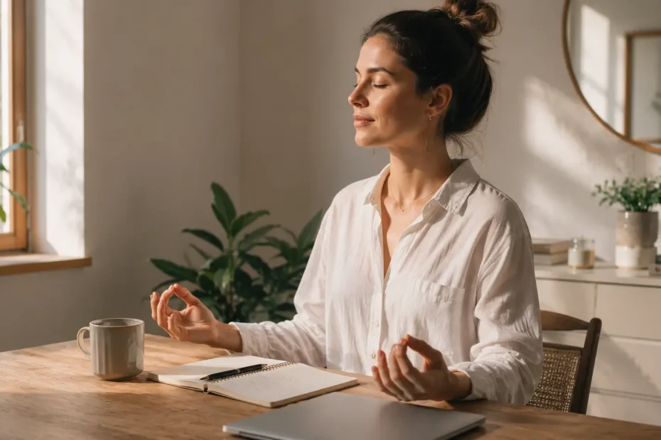 Persona realizando una pausa de meditación durante su rutina diaria, sentada junto a un cuaderno y una taza de café en un espacio iluminado por luz natural. Ambiente sereno, realista y equilibrado que transmite bienestar, concentración y mindfulness.