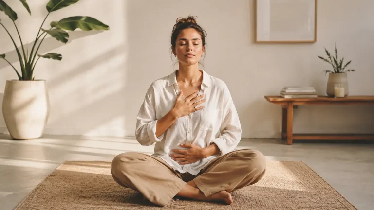 Persona sentada en calma practicando respiración consciente en un espacio luminoso y minimalista. Ambiente sereno, natural y acogedor que transmite bienestar, equilibrio emocional y conexión interior.