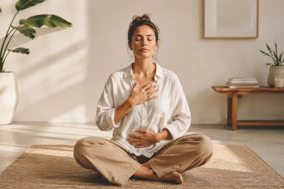 Persona sentada en calma practicando respiración consciente en un espacio luminoso y minimalista. Ambiente sereno, natural y acogedor que transmite bienestar, equilibrio emocional y conexión interior.