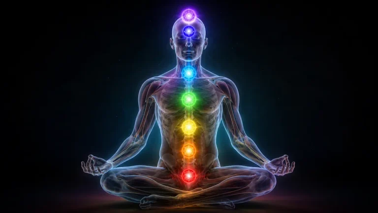 Figura humana con los 7 chakras representados como esferas de luz a lo largo de la columna, sobre fondo oscuro con estilo anatómico moderno