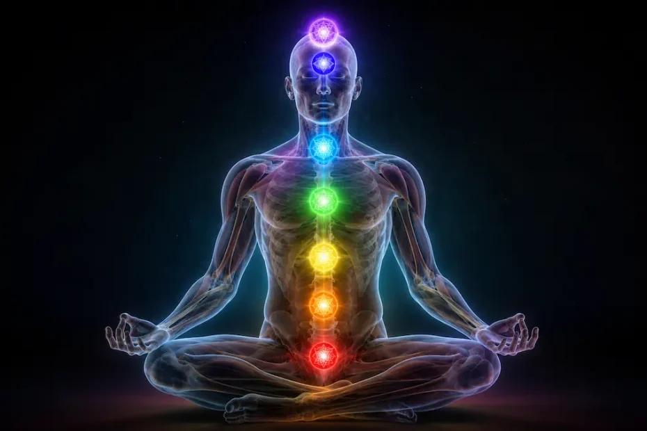 Figura humana con los 7 chakras representados como esferas de luz a lo largo de la columna, sobre fondo oscuro con estilo anatómico moderno