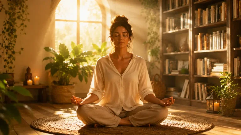 Persona sentada en posición de meditación con las piernas cruzadas y los ojos cerrados sobre una alfombra circular. La escena está iluminada por una cálida luz dorada que entra por un gran ventanal, rodeada de plantas, estanterías con libros, velas y elementos decorativos de madera. El ambiente transmite serenidad, calma y contemplación, evocando un espacio acogedor para la meditación y el crecimiento personal.