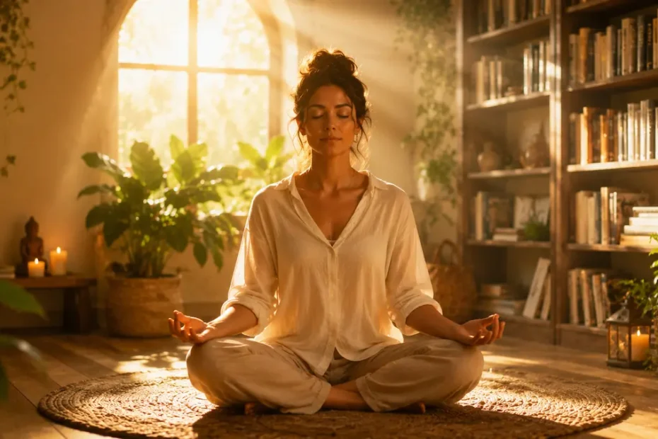 Persona sentada en posición de meditación con las piernas cruzadas y los ojos cerrados sobre una alfombra circular. La escena está iluminada por una cálida luz dorada que entra por un gran ventanal, rodeada de plantas, estanterías con libros, velas y elementos decorativos de madera. El ambiente transmite serenidad, calma y contemplación, evocando un espacio acogedor para la meditación y el crecimiento personal.
